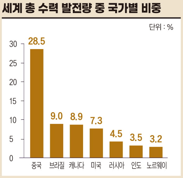 세계 총 수력 발전량 중 국가별 비중